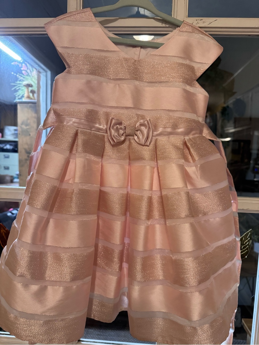 Michele Blush Pink Satin Stripe Party Dress with Bow Accent